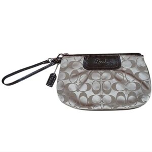 Coach Beige and Brown Signature Logo Print Large Leather Trim Wristlet